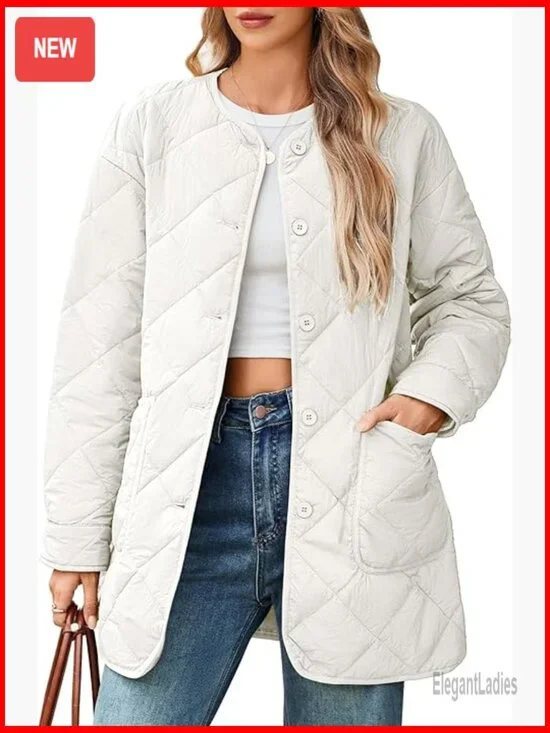 Lightweight Quilted Puffer Jacket with Pockets, Button Front, Mid-Length - Picture 1 of 7